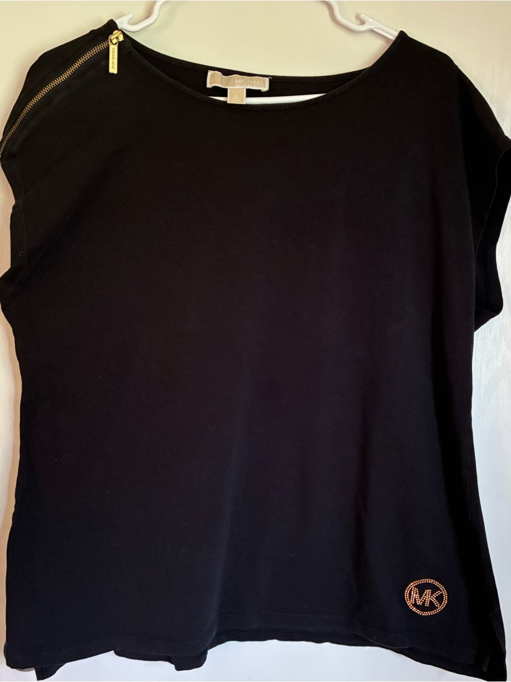 Michael Kors Black Short Sleeve Top with Gold Zip Shoulder